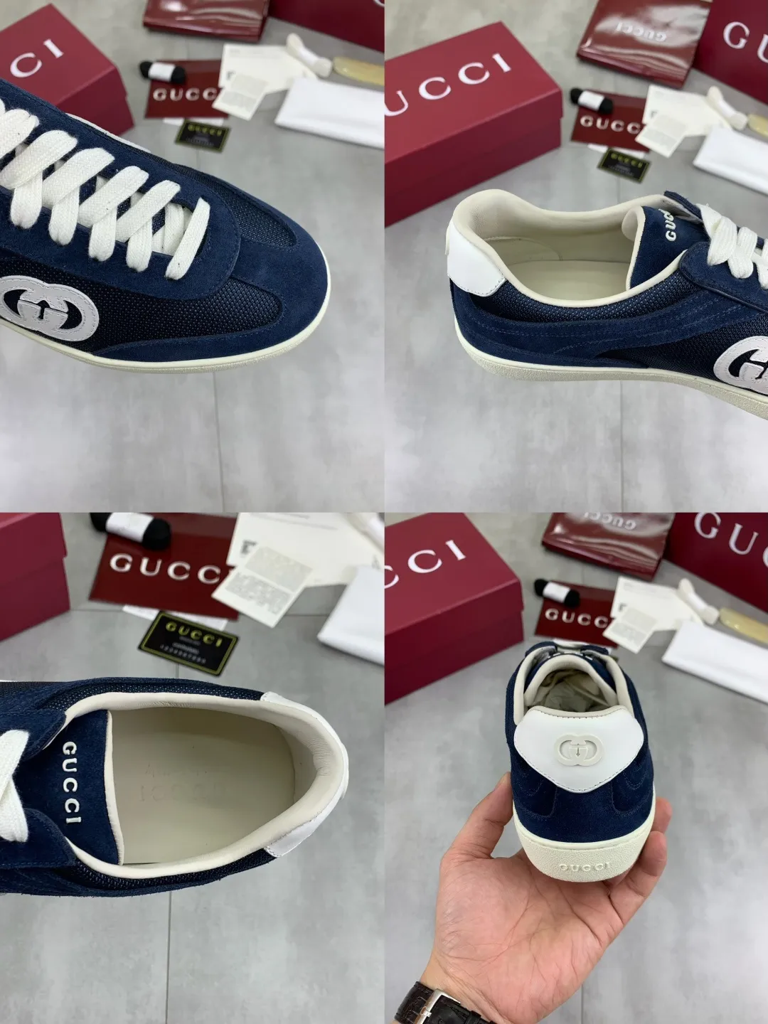 Men's shoes 💰P562 New GUCCI classic design moral training element catwalk model, matching version of top quality moral training shoes for men and women. Epoxy logo process is concave and convex, matching oil edge technology, punched cowhide cloth surface, suede cowhide surface splicing, breathable and not stuffy, the original overlasted shoe model is comfortable on the feet.  Fabric: Matched leather + cloth + mesh Lining: Water-dyed sheepskin Foot: Water-dyed sheepskin Outsole: Original molded TP matching environmentally friendly material Packaging: Top counter full set of packaging Female 35-42 (Female 41.42. Customized) Male 39-46 (46 customized)
